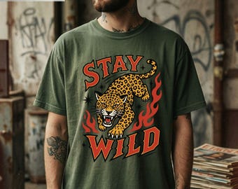 Stay Wild Shirt, Retro Leopard Graphic Tee, Vintage Tattoo Style Tee, Trendy Aesthetic Streetwear Gift, Comfort Colors Wild Cat Tee
