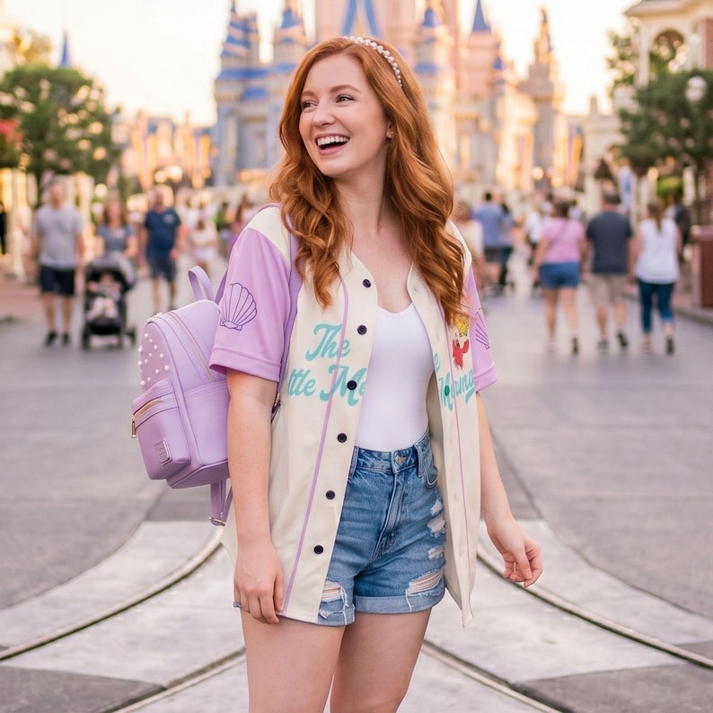 May include: A cream-colored baseball jersey with purple sleeves and a black button-up front. The jersey features the text "The Little Mermaid" and seashell graphics. A light purple backpack with white pearl accents is also visible.