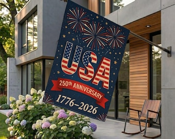 Bandera de fuegos artificiales del 250 aniversario de EE. UU., bandera para el hogar de la celebración del 250 aniversario de Estados Unidos, bandera festiva para jardín 1776-2026, decoración para la fiesta del 250 cumpleaños de EE. UU.