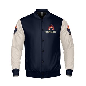May include: A navy blue and cream varsity jacket with the word "Chernabog" and a fiery graphic on the chest. The jacket has a button-up front and patches on the sleeves.