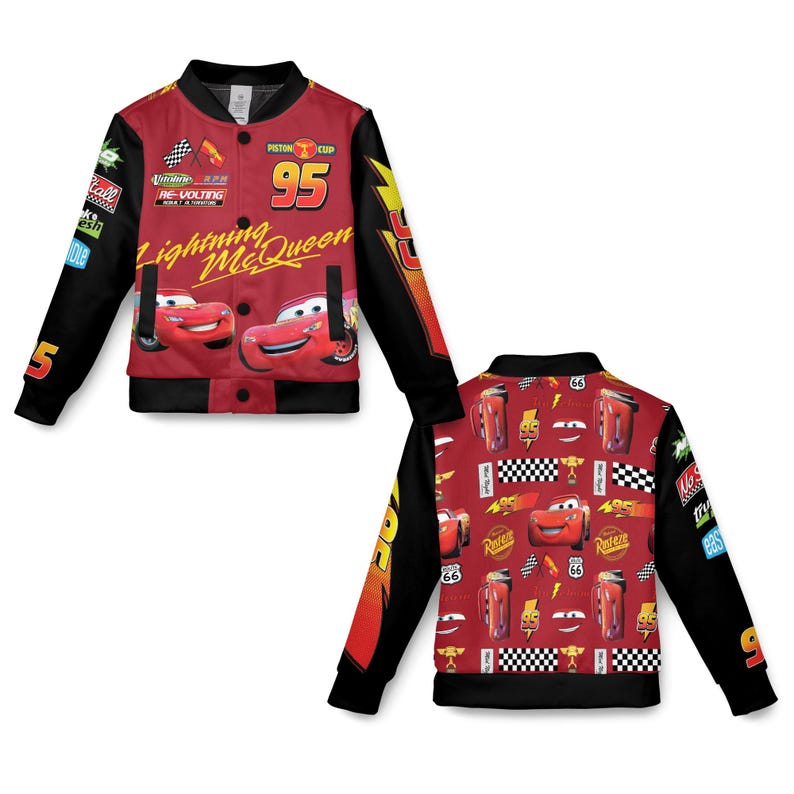 May include: Red and black Lightning McQueen bomber jacket. The front features Lightning McQueen and the number 95. The sleeves are black with racing-themed patches. The back of the jacket has a repeating pattern of Lightning McQueen and racing elements.