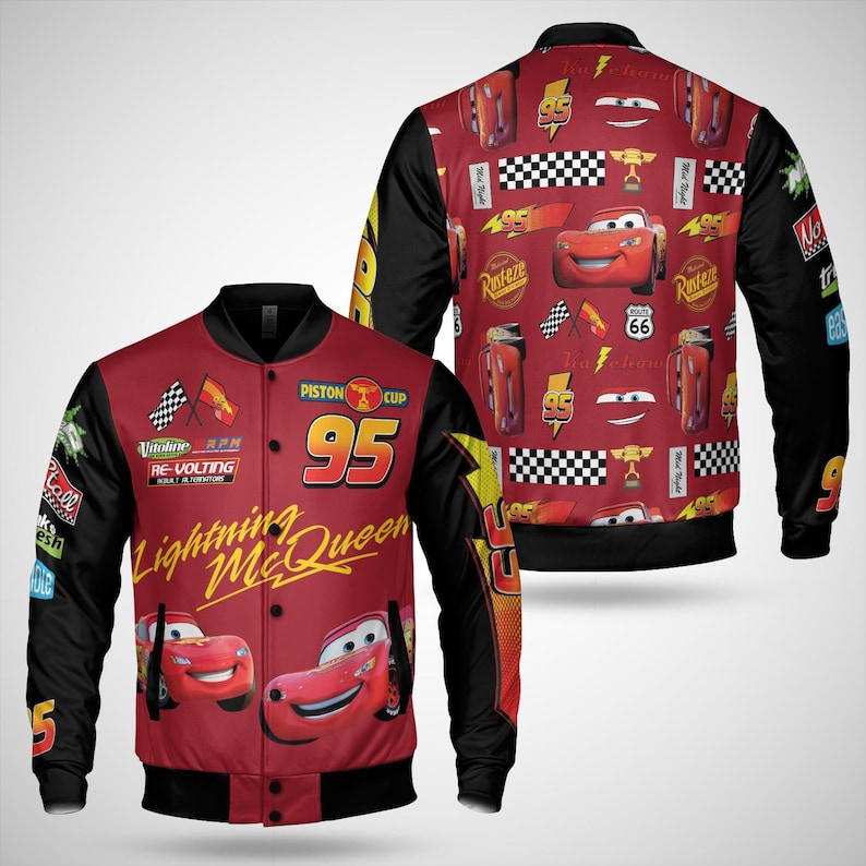May include: A red and black Lightning McQueen bomber jacket. The front features the number 95, the words "Lightning McQueen", and cartoon images of the character. The back has a repeating pattern of Lightning McQueen, racing flags, and other racing-themed graphics.