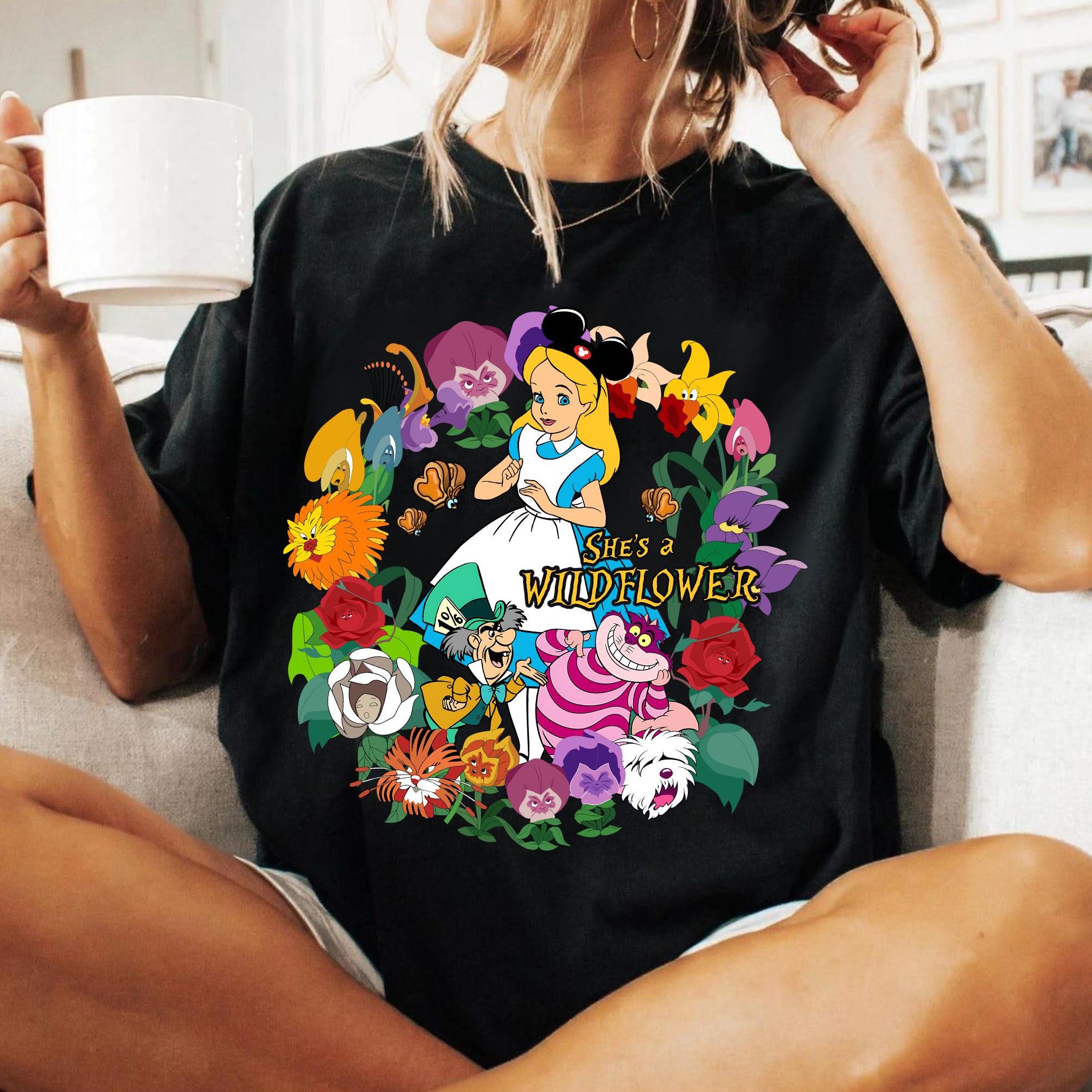 Alice In Wonderland She's A Wildflower Comfort Colors Shirt, Mad Hatter Cheshire Cat T-shirt, Disneyland Girls Trip Matching, Magic Kingdom