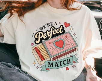 Perfect Match Comfort Colors Tee, Couples Matching Tee, Retro Matchbox Heart Graphic Tee, Cute Anniversary Gift for Her Him, Valentine Shirt