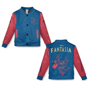 May include: Blue and red Disney Fantasia jacket. The front features a wizard hat graphic, while the back displays Mickey Mouse in a sorcerer's outfit with the word "FANTASIA". The sleeves are red with star accents. A button-up, bomber-style jacket.