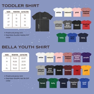 May include: A chart showing toddler and youth shirt sizes with corresponding width and length measurements in inches. The chart also shows a variety of colours available for the shirts, including white, natural, pink, heather mauve, dark grey heather, black, maroon, red, gold, kelly, royal blue, navy, and heather team purple.