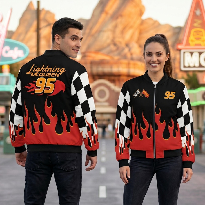 Pu&ograve; includere: Giacca bomber nera con un design a fiamme rosse e arancioni e un motivo a scacchi sulle maniche. La giacca mostra il testo "Lightning McQueen 95" in giallo e rosso. La giacca &egrave; indossata da due persone.