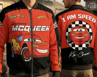 Lightning McQueen 95 Bomber Jacket for Disney Racing Fans, Retro Cars Movie Streetwear Jacket, Radiator Springs, Mcqueen I Am Speed Ka-Chow