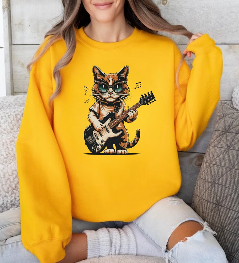 Unisex Cat Playing Guitar Shirt, Funny Guitar Cat Tshirt for Cat