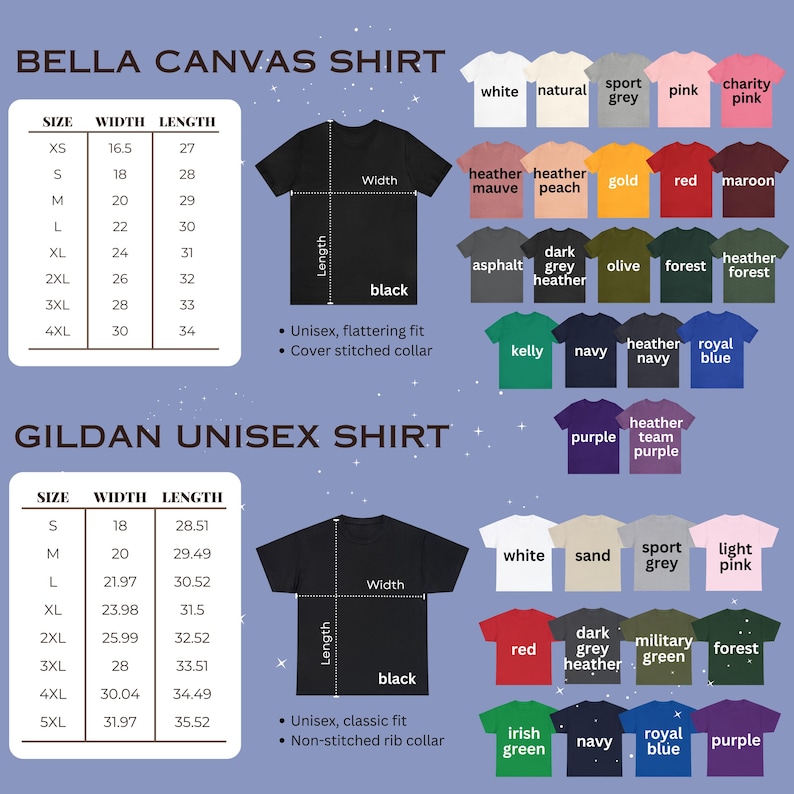 May include: Image showcasing Bella Canvas and Gildan unisex shirt size charts. The Bella Canvas chart includes sizes XS to 4XL, with width measurements from 16.5 to 30 inches and lengths from 27 to 34 inches. The Gildan chart includes sizes S to 5XL.