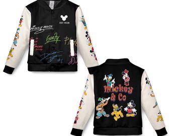 Mickey And Friends Signatures Baseball Jacket, Vintage Disney Streetwear Jacket, Mickey And Co 1928 Varsity Jacket, Disneyland Magic Kingdom