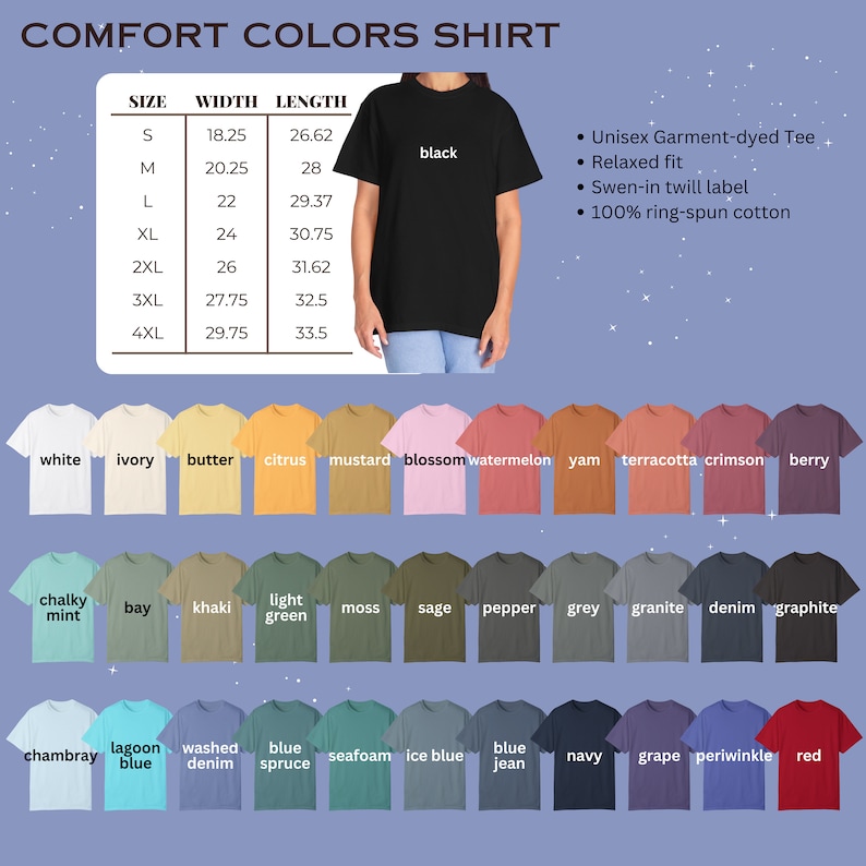May include: A chart showing the size, width, and length measurements for a unisex garment-dyed tee shirt. The chart shows measurements in inches. The chart is accompanied by a photo of a black tee shirt being worn by a person. Below the chart is a row of 12 tee shirts in different colours, followed by two more rows of 12 tee shirts in different colours. The colours are labelled with their names.