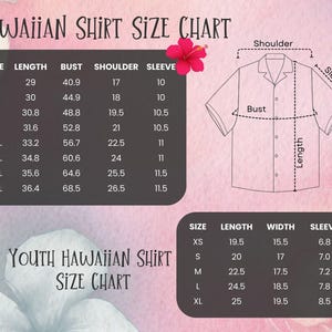 Op de afbeelding: Maattabellen voor Hawaiihemden met afmetingen voor volwassenen en jeugd. De volwassenentabel toont maten S tot 5XL, met afmetingen in inches voor lengte, borst, schouder en mouw. De jeugdtabel bevat maten XS tot XL, met lengte, breedte en mouwmaten.