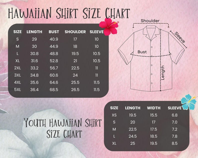 Op de afbeelding: Maattabellen voor Hawaiihemden met afmetingen voor volwassenen en jeugd. De volwassenentabel toont maten S tot 5XL, met afmetingen in inches voor lengte, borst, schouder en mouw. De jeugdtabel bevat maten XS tot XL, met lengte, breedte en mouwmaten.