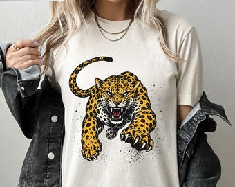 Fierce Leopard Graphic Tee for Women, Comfort Colors Vintage Wildcat Shirt, Edgy Jaguar T-Shirt, Trendy Big Cat Apparel, Animal Lover Gift