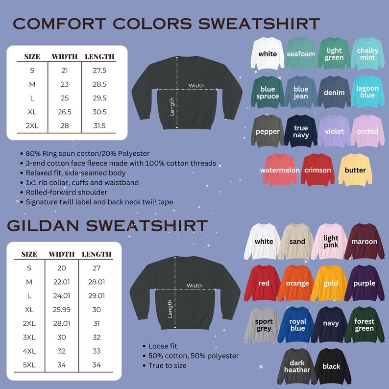 K&ouml;nnte beinhalten: Produktbild mit Comfort Colors und Gildan Sweatshirts. Gr&ouml;&szlig;enangaben und Farbauswahl sind dargestellt. Comfort Colors Sweatshirts sind in Farben wie Wei&szlig;, Blau und Gr&uuml;n erh&auml;ltlich. Gildan bietet auch Rot, Orange und Lila an.