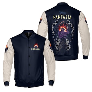 May include: Navy blue and cream-colored varsity jacket featuring the text "Chernabog" and a fiery graphic on the front. The back displays a "Disney Fantasia" design with a purple demon and skeleton figures.