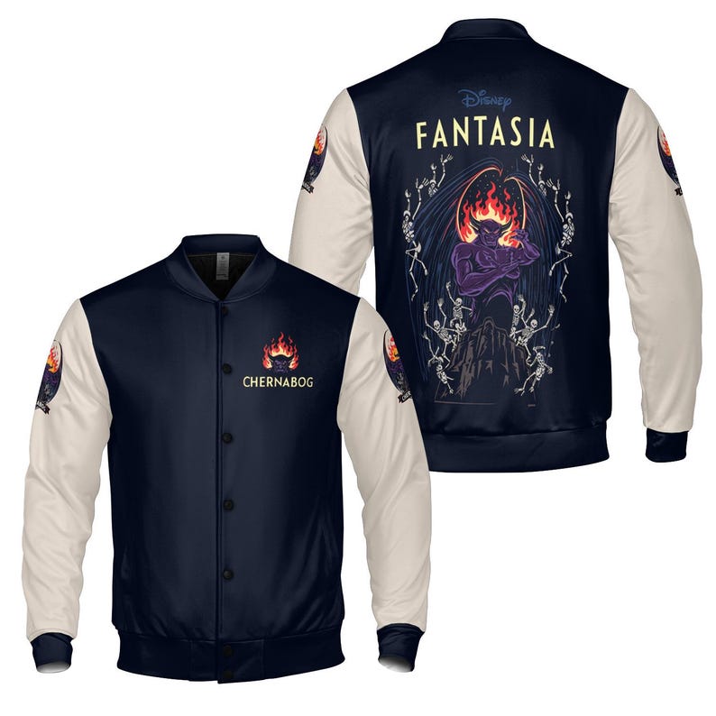 May include: Navy blue and cream-colored varsity jacket featuring the text "Chernabog" and a fiery graphic on the front. The back displays a "Disney Fantasia" design with a purple demon and skeleton figures.