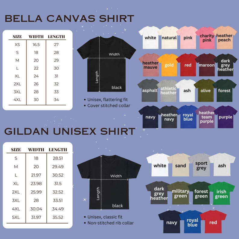 Puede incluir: Imagen de producto que muestra camisetas unisex Bella Canvas y Gildan. La imagen muestra tablas de tallas con medidas en cm y una paleta de colores para cada estilo de camiseta. Las camisetas est&aacute;n disponibles en varios colores, incluyendo blanco, negro y azul marino.
