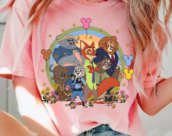 Retro Zootopia Characters Nick Wilde Judy Hopps Floral Disney Shirt, Disneyland Disneyworld Family Trip Outfits Zootopia Mickey Balloons Tee
