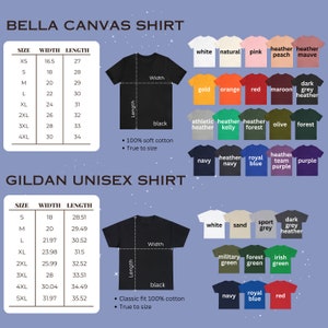 May include: A size chart for Bella Canvas and Gildan unisex t-shirts. The chart shows the width and length measurements for each size, from XS to 5XL. The chart also includes a list of available colours for each brand.