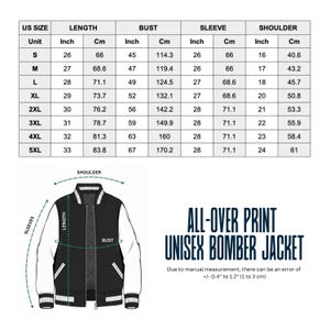 May include: Black and white unisex bomber jacket with measurements chart. The jacket has a black body, white sleeves, and a ribbed collar and cuffs. The chart shows US sizes, length in inches and cm, bust in inches and cm, sleeve in inches and cm, and shoulder in inches and cm.