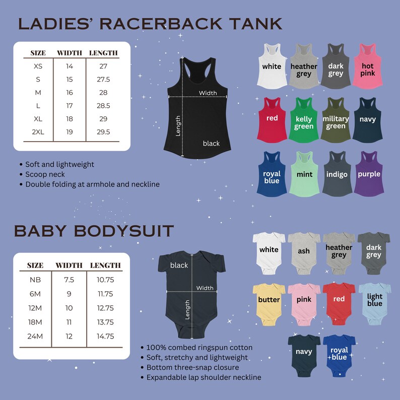 K&ouml;nnte beinhalten: Das Bild zeigt ein schwarzes Racerback-Tanktop und einen schwarzen Baby-Body mit Gr&ouml;&szlig;entabellen und Farboptionen. Das Tanktop hat einen Rundhalsausschnitt und doppelte Falten an Armausschnitt und Ausschnitt. Der Body hat einen Dreifach-Druckknopfverschluss.