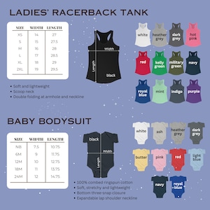 K&ouml;nnte beinhalten: Das Bild zeigt ein schwarzes Racerback-Tanktop und einen schwarzen Baby-Body mit Gr&ouml;&szlig;entabellen und Farboptionen. Das Tanktop hat einen Rundhalsausschnitt und doppelte Falten an Armausschnitt und Ausschnitt. Der Body hat einen Dreifach-Druckknopfverschluss.