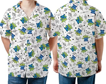 Camisa hawaiana unisex de Toy Story, con diseño de Alien Pizza Planet Delivery Shuttle, camisa de Disney Hawaii, regalo de cumpleaños para vacaciones de verano y viajes familiares a Disneyland.