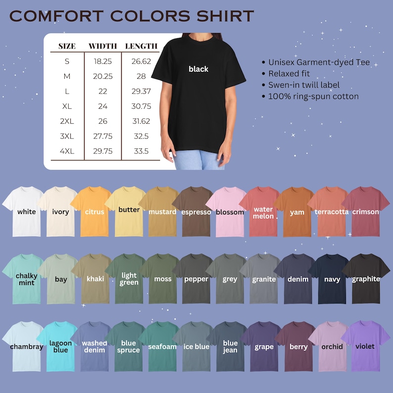 May include: A Comfort Colors t-shirt colour chart featuring a black shirt example, a size guide with width and length in inches, and a grid of 42 available shirt colours labelled with names including white, citrus, espresso, denim, and violet.