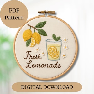 Lemonade Embroidery Pattern: Citrus Summer Hoop Art (PDF Downloadable Pattern, 5-7 inch Hoops)