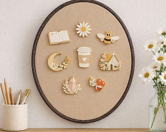 Bacheca in tessuto di lino beige per spille smaltate, espositore decorativo da parete