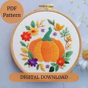 Patrón de bordado de otoño, patrón PDF de bordado de otoño, bordado a mano, bordado moderno, descarga digital, patrón de bordado de calabaza