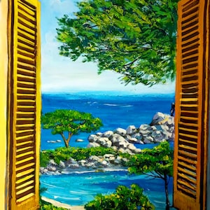 An original artwork, a view from a mediterranean window, sea and pine tree, embossed surface, summer edition