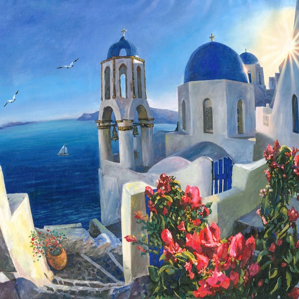 An original artwork, greek island, santorini,  summer edition, mediterranean, blue, greece, sun, flowers, sea, church, birds, blue