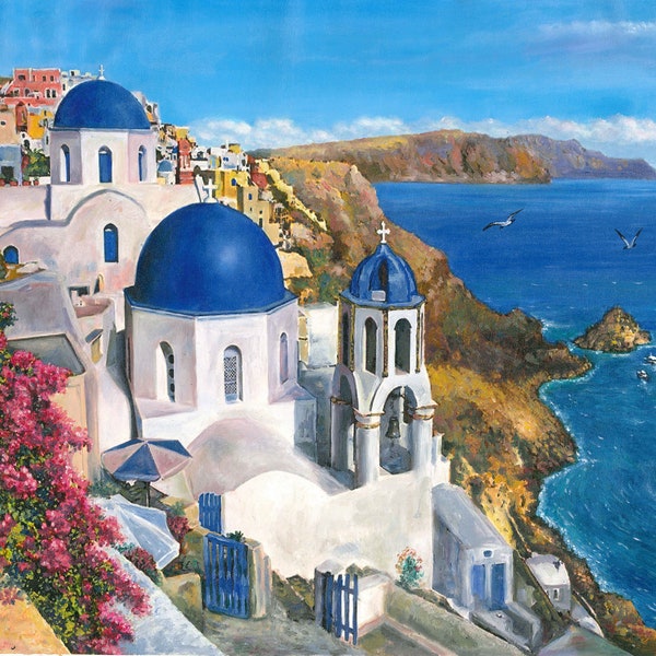 An original artwork, greek island, santorini,  summer edition, mediterranean, blue, greece, sun, flowers, sea, church, birds