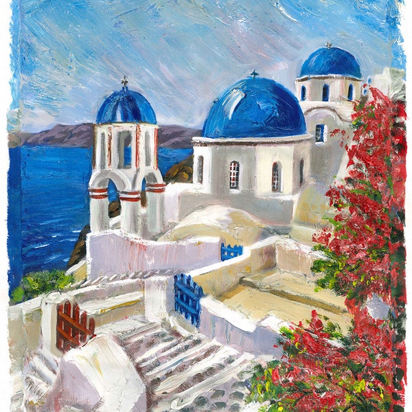 An original artwork, santorini, paintings, oil, canvas,  island, greece, mediterranean, sea, embossed surface, mediterranean, blue chruch