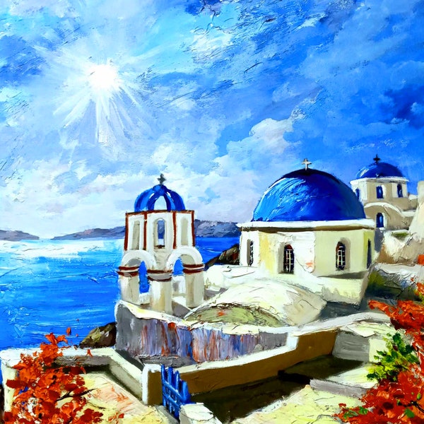 An original artwork, santorini, paintings, oil, canvas,  island, greece, mediterranean, sea, embossed surface, mediterranean, blue chruch