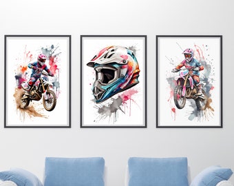 Motocross impresiones conjunto de 3 acuarela dirt bike impresión motocicleta impresión motocross pared arte bicicleta descarga digital moto pared arte