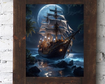 Arte digital de descarga instantánea: Pintura de barco pirata, arte mural imprimible para amantes de los piratas