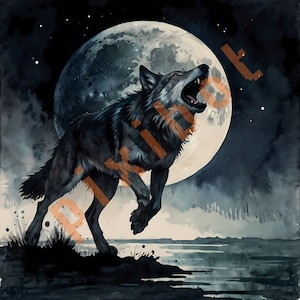 Wolf Running Watercolor Painting, Full Moon Art, Dark Night Sky, JPG Digital Download, Nature Wall Decor