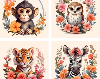 Schattige baby dieren clipart, 12 PNG Safari dieren clipart, schattige baby safari dieren bundel, kinderkamer dieren, commercieel gebruik