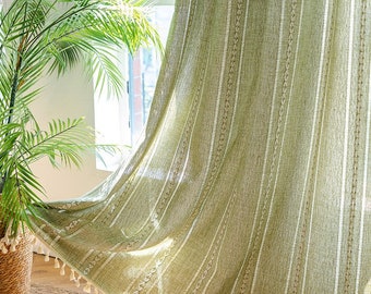 Cortinas de granja vintage, cortina verde de lino de algodón estilo boho con borlas para dormitorio, cortinas para sala de estar, cortinas de lino, regalo