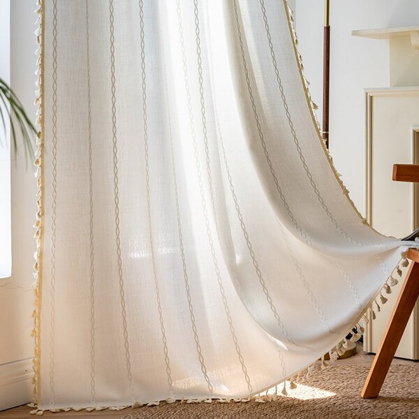 Vintage nouveau rideau de ferme, rideau blanc en coton et lin de style bohème avec des glands pour la chambre à coucher, rideaux pour le salon, rideau en lin, cadeau