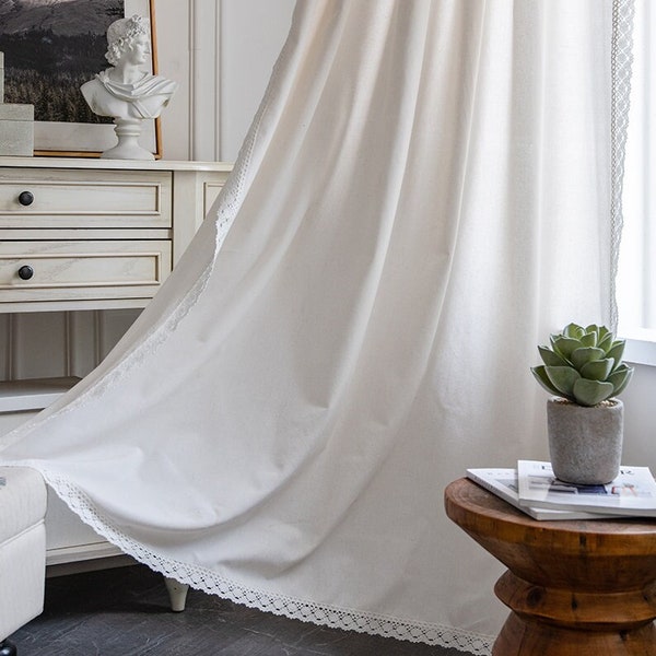 Rideau Boho fait à la main, rideau en dentelle blanche en lin de coton, rideau de chambre à coucher, rideaux en lin translucide, nouveau rideau de ferme
