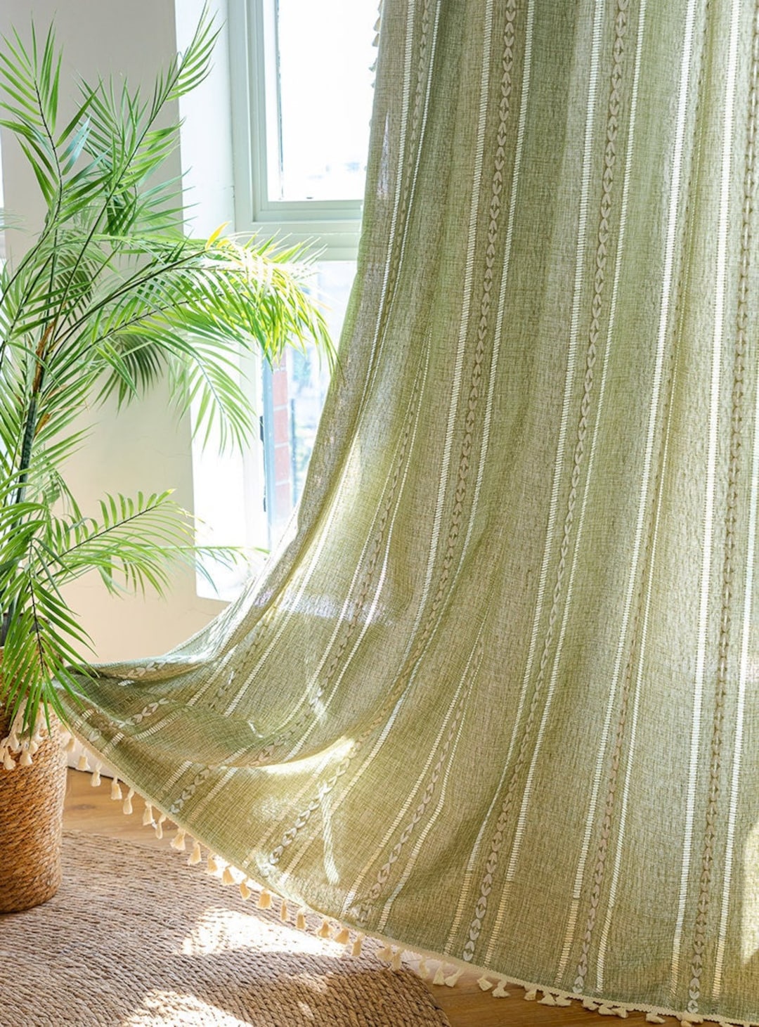 Vintage Farmhouse Curtains, Boho Style Cotton Linen Green Curtain With Tassels for Bedroom