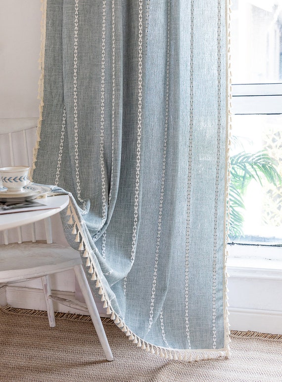 Vintage New Farmhouse Curtain, Boho Style Cotton Linen Blue Curtain with Tassels for Bedroom, Curtains For Living Room, Linen Curtains, Gift