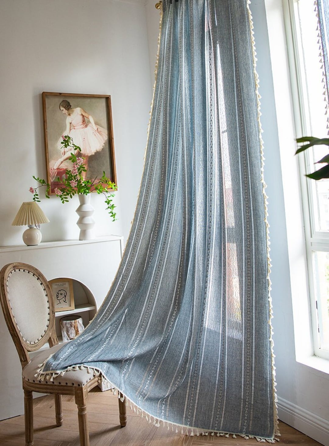 Vintage Linen Curtains, Boho Style Cotton Linen Blue Curtain With