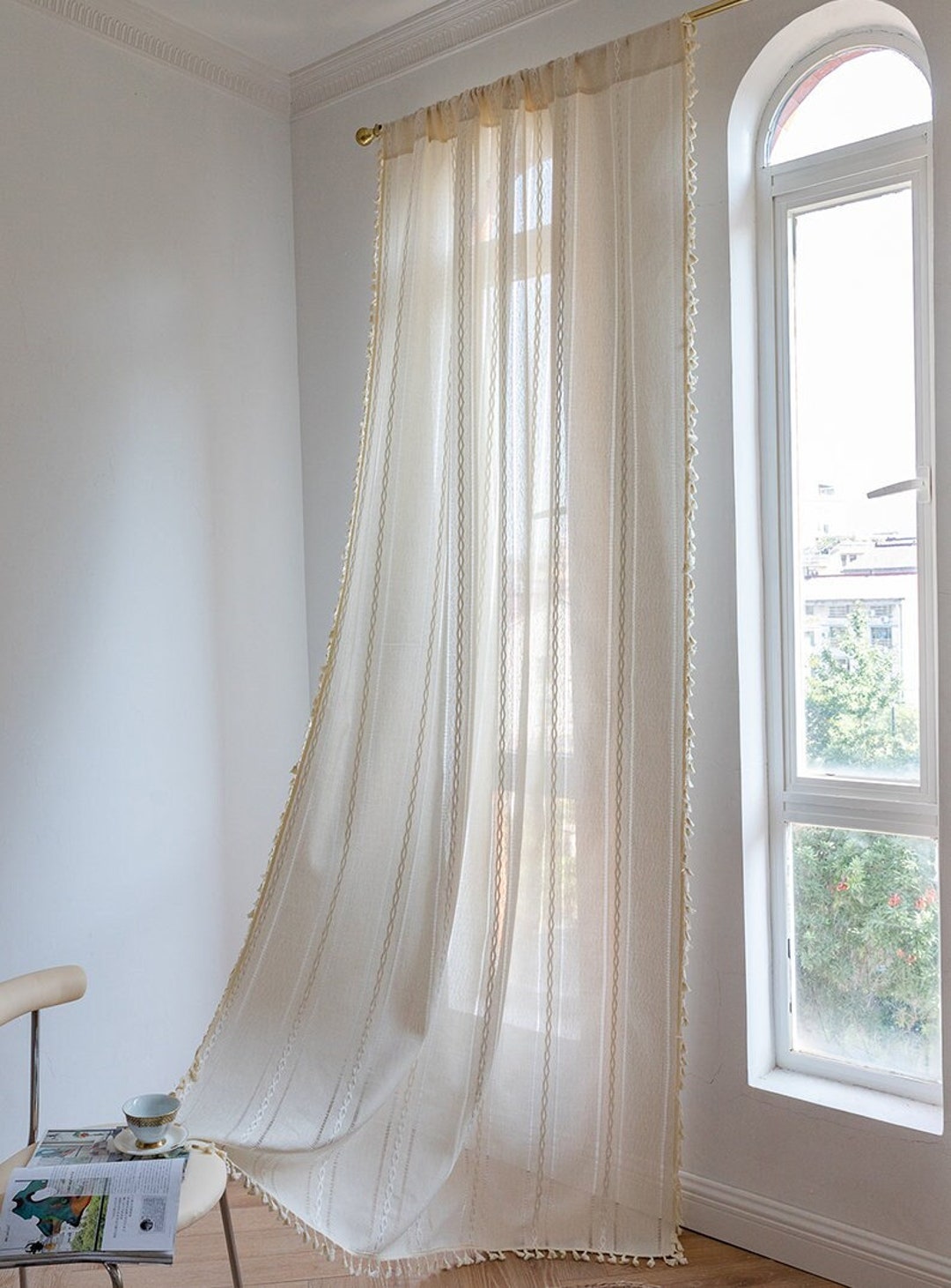 Vintage Farmhouse Curtains, Boho Style Cotton Linen Offwhite Curtain With Tassels for Bedroom