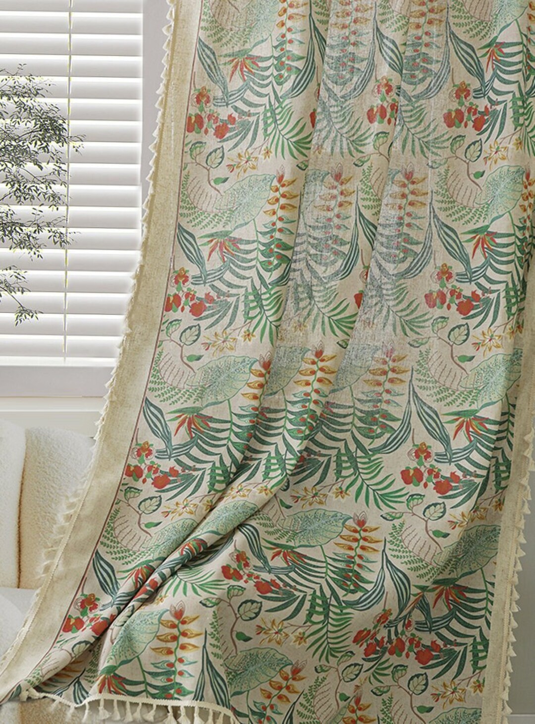Vintage Green Plant Curtain, Cotton Linen Curtain, Retro Style Living